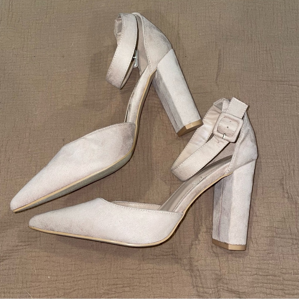 Nude Pointed Toe Ankle Strap Heels